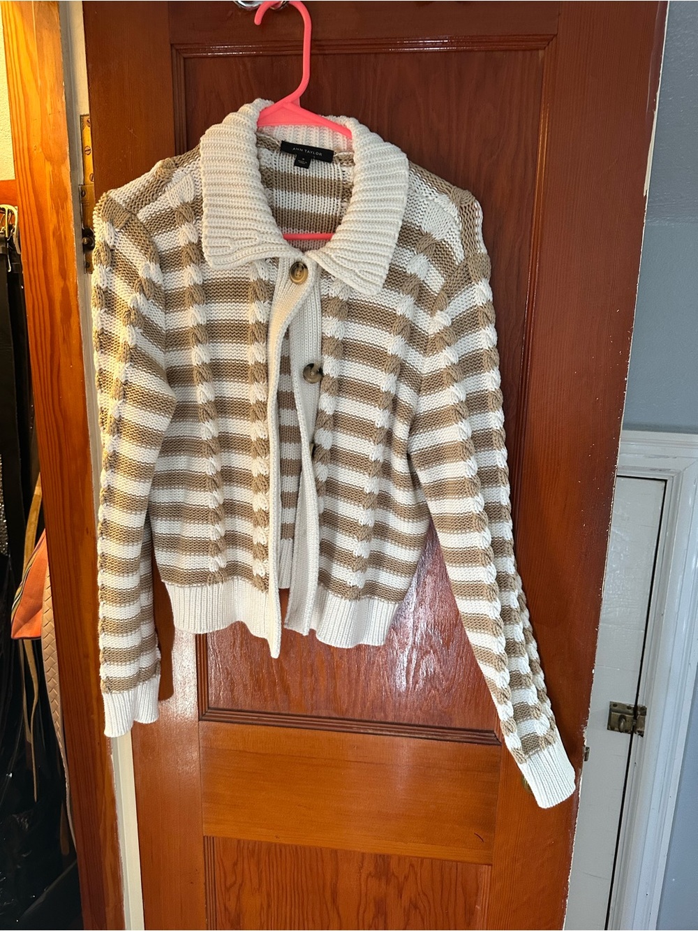 Ann Taylor Striped Knit Button-Front Cardigan in Cream and Tan